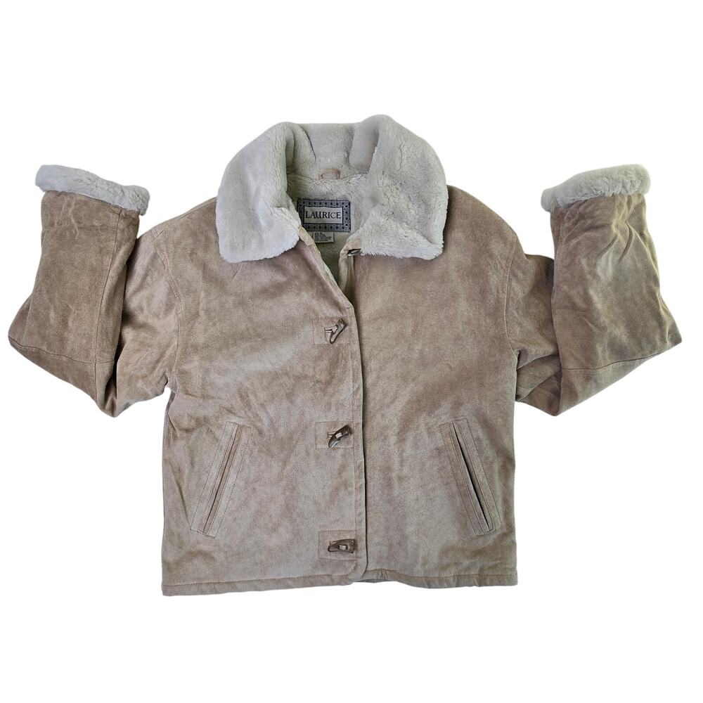 Vintage Laurice Tan Suede Leather Jacket Aviator Flight Faux Fur Coat Women's M